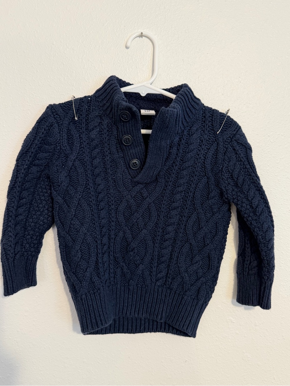GAP Navy Cable-Knit Shawl Collar Sweater with Button Placket